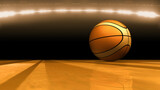 Fototapeta Sport - Basketball on the wooden texture court floor. Computer generated 3D render sports background with copy space for your titles or text