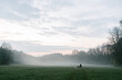 © 4Max - Fog or mist on the field. Family walking on a foggy day in the field
