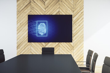 Poster - Abstract creative fingerprint illustration on tv display in a modern presentation room, personal biometric data concept. 3D Rendering