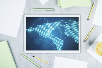 Aufkleber - Abstract creative world map with connections on modern digital tablet screen, international trading concept. Top view. 3D Rendering