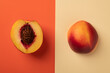 Sliced ​​ripe nectarine on a bright abstract background. Flat composition.