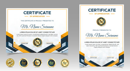 Wall Mural - Black and yellow certificate of achievement border template with luxury badges and modern line pattern. For award, business, and education needs