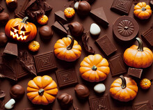 3d Illustration Halloween Milk Chocolate And Pumpkin Flat Lay