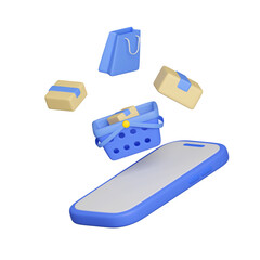 Poster - Online shopping on smartphone concept, floating shopping items, online buying, and online payment. 3d rendering illustration