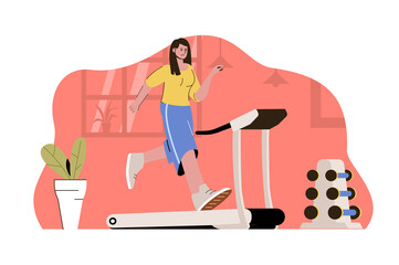 Aufkleber - Morning workout concept. Woman running on treadmill in gym situation. Daily fitness routine, cardio workout people scene. Illustration with flat character design for website and mobile site