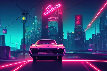 Poster - car and city in neon cyberpunk style. high quality 2d illustration