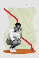 Wall Mural - Vertical collage picture of unsatisfied miserable person black white effect drawing descending arrow down isolated on painted background