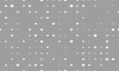 Poster - Seamless background pattern of evenly spaced white email symbols of different sizes and opacity. Vector illustration on grey background with stars