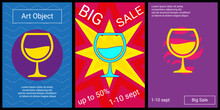 Trendy Retro Posters For Organizing Sales And Other Events. Large Wineglass Symbol In The Center Of Each Poster. Vector Illustration On Black Background