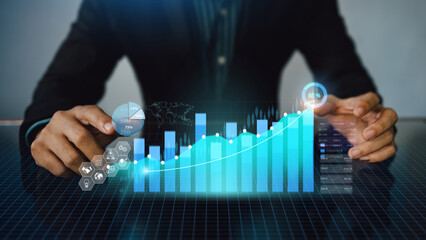 Wall Mural - Business analysis big data screen and economic growth with financial graph. Concept of virtual dashboard technology digital marketing and global economy network connection. 3D illustration.