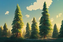 Sunlit Spruce Tree Forest. High Quality 2d Illustration
