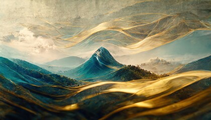 Wall Mural - minimalistic mountain landscape with watercolor brush in japanese traditional style. wallpaper with 
