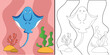 © Stoca - Bright coloring book for children with an example. Marine theme. Cute stingray among the seaweed. Easy level for children. Vector.