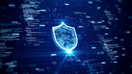 Fototapete - Cybersecurity data protection technology concept internet connection online network. The icons and polygons are connected inside a prominent shield in the center. binary code on dark blue background.