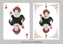 Halloween Playing Cards. Hearts Queen. Lady Wearing Old Clothes Holding A Glass Of Wine. Vampire Holding Bloody Heart With Evil Smile