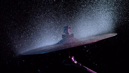 Poster - Super slow motion of drummer banging on cymbal with water splashing. Filmed on high speed cinema camera , 1000 fps.