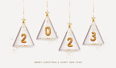 2023 Happy New Year. Golden metal number in glass cone bauble shape tree, Christmas decoration. Celebrate party. Xmas Poster, banner, cover card, brochure, flyer, layout design. Vector illustration