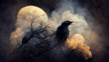 3d Illustration Of A Black Crow Emerging From Smoke In A Dark Forest At Full Moon.