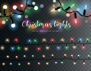 Wall Mural - vector shiny set of seamless light garlands - christmas decoration element on transparent background