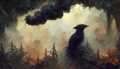 Wall Mural - 3d illustration of a black crow emerging from smoke in a dark forest at full moon.