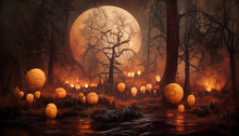 Digital 3d Illustration Of An Enchanted Dark Forest And Pumpkin Lanterns At Halloween.