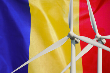 Wall Mural - Two Wind Turbines for alternative energy on Moldavia flag background. Energy development and energy crisis. Eco power and Wind stations for renewable electric energy production in Moldavia