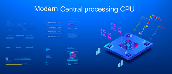 Poster - cpu. presentation of a new generation processor on futuristic background with hud elements. modern d