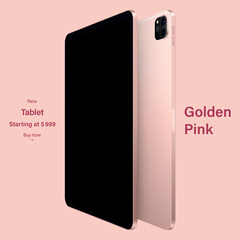 Poster - tablet pink color with black touch screen saver and backside view isolated on rose background. mockup of realistic and detailed device. vector 3d isometric illustration