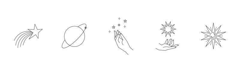 Wall Mural - aesthetic hands and cosmic and celestial elements. universal cosmos related icons. linear vector ill