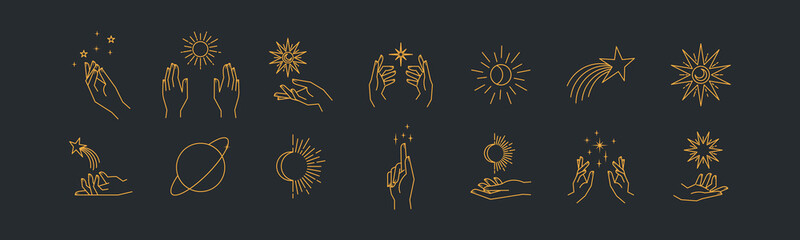Wall Mural - aesthetic hands and cosmic and celestial elements. universal cosmos related icons. linear vector ill