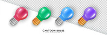 Collection Of Four Three Dimensional Colorful Incandescent Bulbs. Vector Cartoon Glossy Pink, Green, Blue And Purple Lightbulbs. Realistic Filament Lamps  For Decoration. Electricity 3d Icons