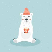Cute Polar Bear In A Warm Hat With A Cup Of Hot Chocolate. Christmas And Holiday Greeting Cards Vector Illustration