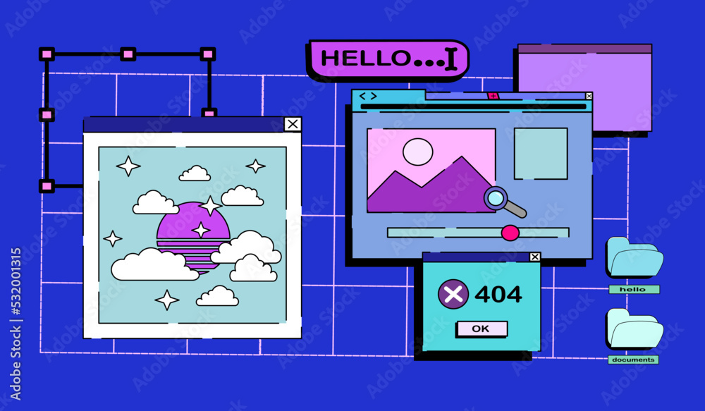 Retrowave pc desktop with message boxes and popup user interface ...