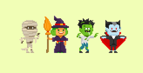 Poster - Pixel Art Halloween set of Mummy, Cute Witch, Zombie, Dracula vampire in 8-bit retro computer game style. Happy Halloween vector illustration