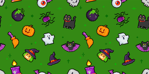Poster - Pixel art green Halloween seamless pattern. 8-bit witch, ghost, pumpkin, bat, night cat and other characters in retro computer game style. Cute endless cartoon background for Halloween design