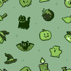 Poster - Pixel art style Happy Halloween phosphoric seamless pattern. 8-bit ghost, pumpkin, bat, cat and other characters in retro computer game style. Cute endless cartoon background for Halloween design