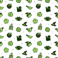 Wall Mural - Pixel art phosphoric Halloween seamless pattern. 8-bit witch, ghost, pumpkin, bat, night cat and other characters in retro computer game style. Cute endless cartoon background for Halloween design