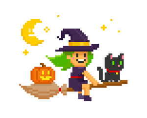 Poster - Pixel Art flying Witch on broomstick with black cat and pumpkin. 8-bit style halloween vector illustration isolated on white. Cartoon funny pixel witch girl character with cute kitten. Editable vector