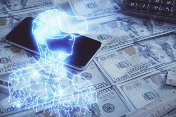 Poster - Double exposure of man wearing VR glasses drawing over usa dollars bill background. Concept of virtual reality.
