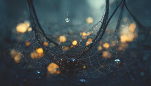 Spider Web With Water Drops, Sunset Light. Gloomy Natural Background With A Spider And Cobwebs. 3D Illustration.