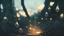 Spider Web With Water Drops, Sunset Light. Gloomy Natural Background With A Spider And Cobwebs. 3D Illustration.