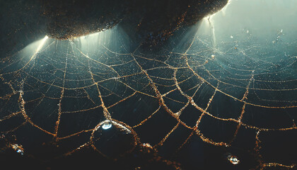 Spider web with water drops, sunset light. Gloomy natural background with a spider and cobwebs. 3D illustration.