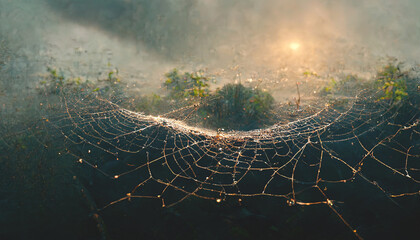 Spider web with water drops, sunset light. Gloomy natural background with a spider and cobwebs. 3D illustration.