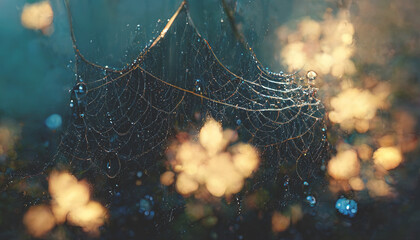 Spider web with water drops, sunset light. Gloomy natural background with a spider and cobwebs. 3D illustration.