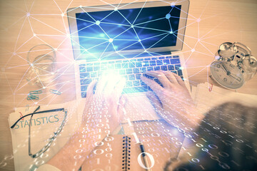 Poster - Double exposure of man's hands typing over computer keyboard and data theme hologram drawing. Top view. Technology concept.