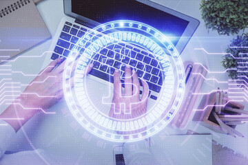 Aufkleber - Double exposure of woman hands working on computer and blockchain theme hologram drawing. Top View. bitcoin cryptocurrency concept.