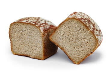 Two halves of brick rye bread on an isolated white background