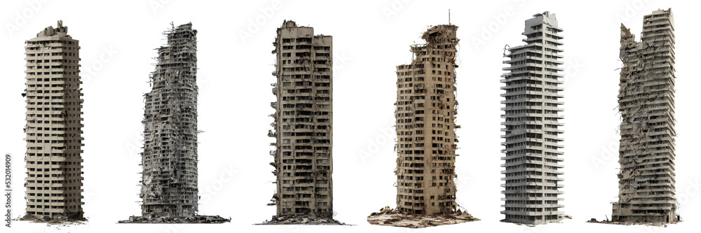 set of ruined skyscrapers, tall post-apocalyptic buildings isolated on ...