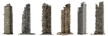 Set Of Ruined Skyscrapers, Tall Post-apocalyptic Buildings Isolated On White Background