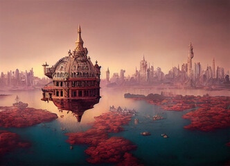 fantasy floating city on water, pastel tones, digital art